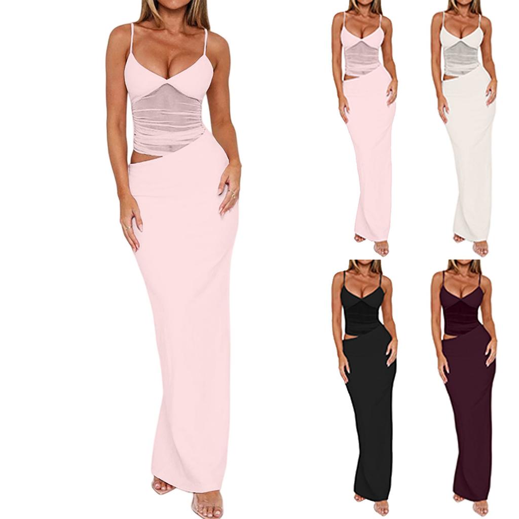 Women's Summer New Mesh Long Dress With Elastic Suspender Hip Hugging Women's Sexy Dress