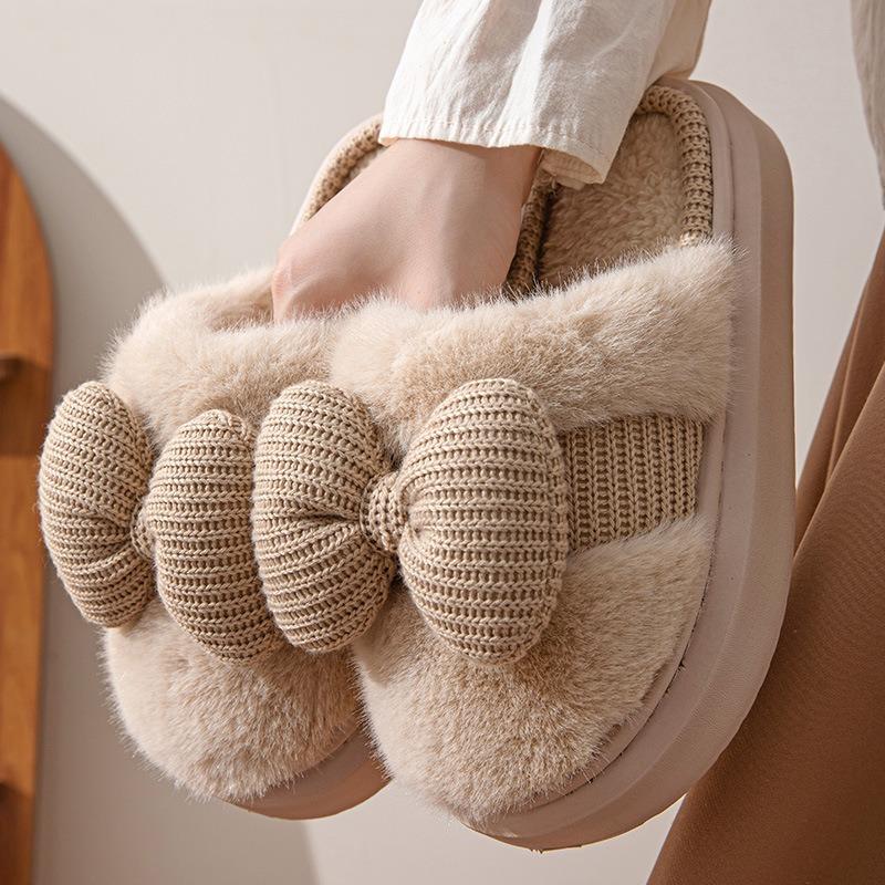 New autumn and winter household cotton slippers women's bow home indoor thickened fluffy warm non-slip cotton shoes