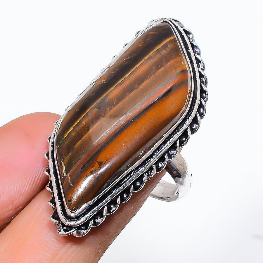 

Natural Tiger Eye Gemstone Handmade 925 Sterling Silver Ring Size 8.5 k0N16