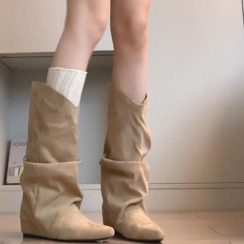 Autumn Winter Pleated Women Western Cowboy Boots Internal Elevation Slip On Mid Calf Booties  De Mujer