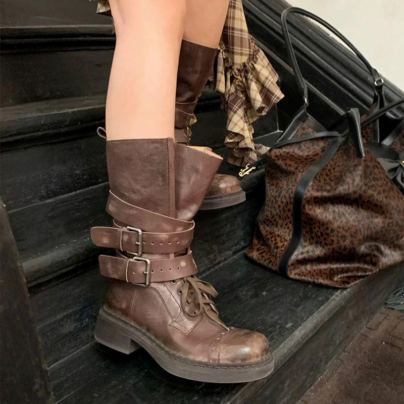 Cowhide version~ retro British Martin boots women's new thick heel belt buckle short boots locomotive boots genuine leather combat boots women