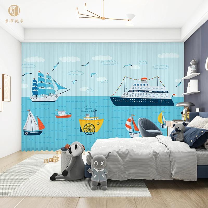 Fashion Modern Simple Cartoon Sailboat Ocean Boy Children's Bedroom Thin Curtain 2 Pieces Grommet Top Hook High Shading New