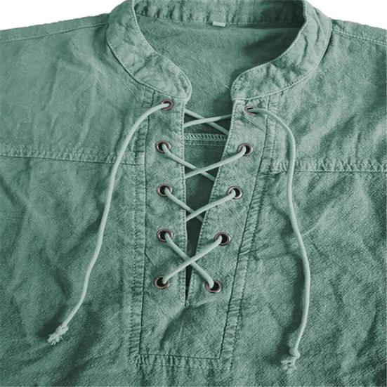 Men Shirt Solid Color Lace Up Vintage Stand Collar Long Sleeve Top for Dating