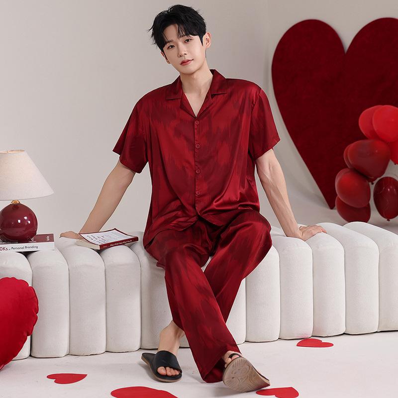 New Year's Burgundy Couple Pajamas Women's Chest Pad Set Summer Ice Silk Short Sleeve Suspender Pants Festive Men's Loungewear