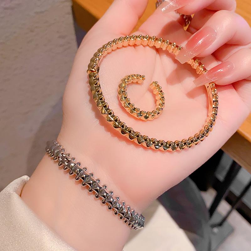 Riveted Stackable Gold-Plated Copper Bracelet Set with Micro-Inlays