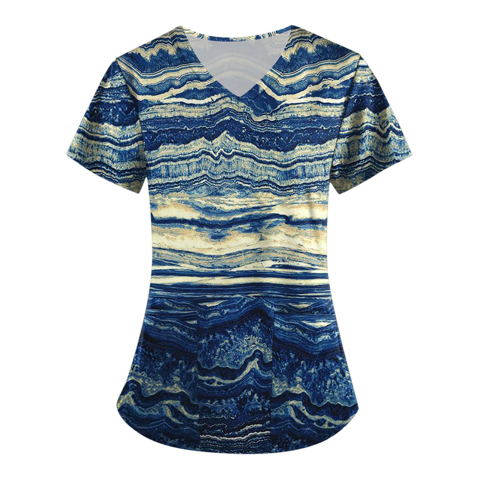 

Женские топы с короткими рукавами и v-образным вырезом с принтом, рабочая блузка с карманами и принтом L синий