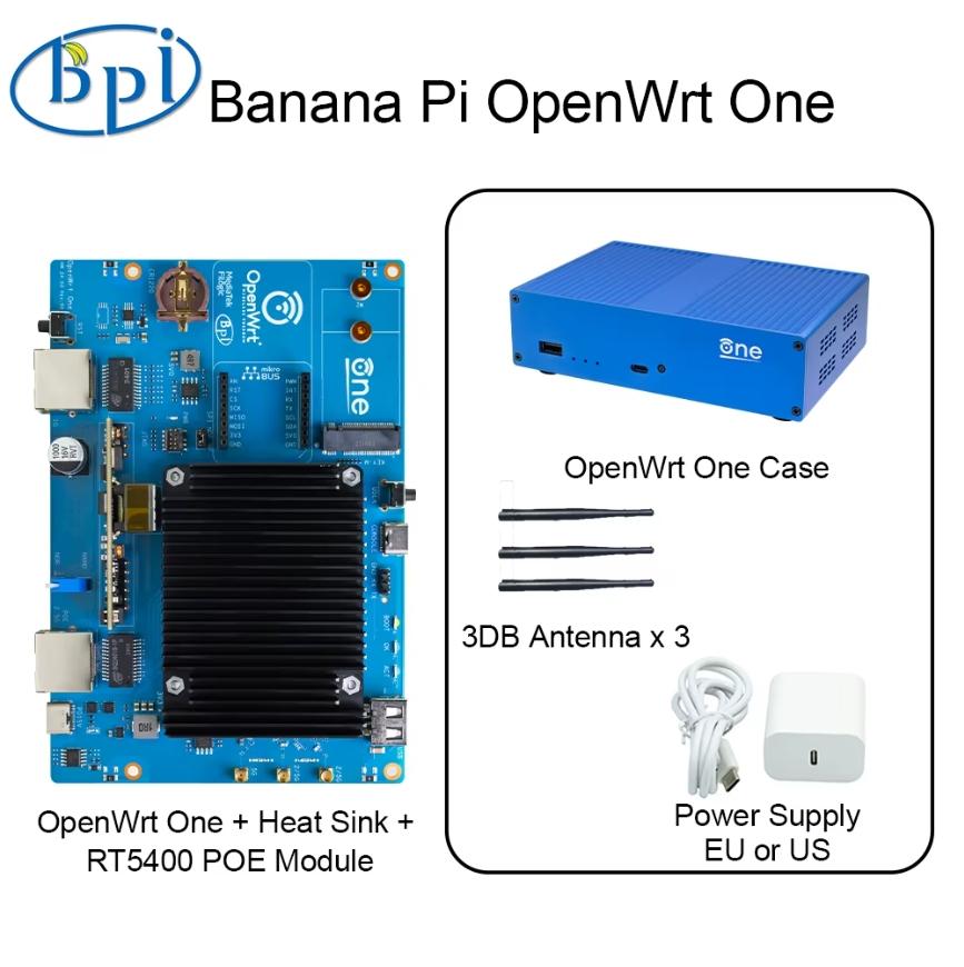 Banana Pi OpenWrt One MediaTek MT7981B 1GB DDR4 2.5GbE RJ45 och Gigabit Ethernet RJ45 256 MiB SPI NAND Smart Router med öppen källkod