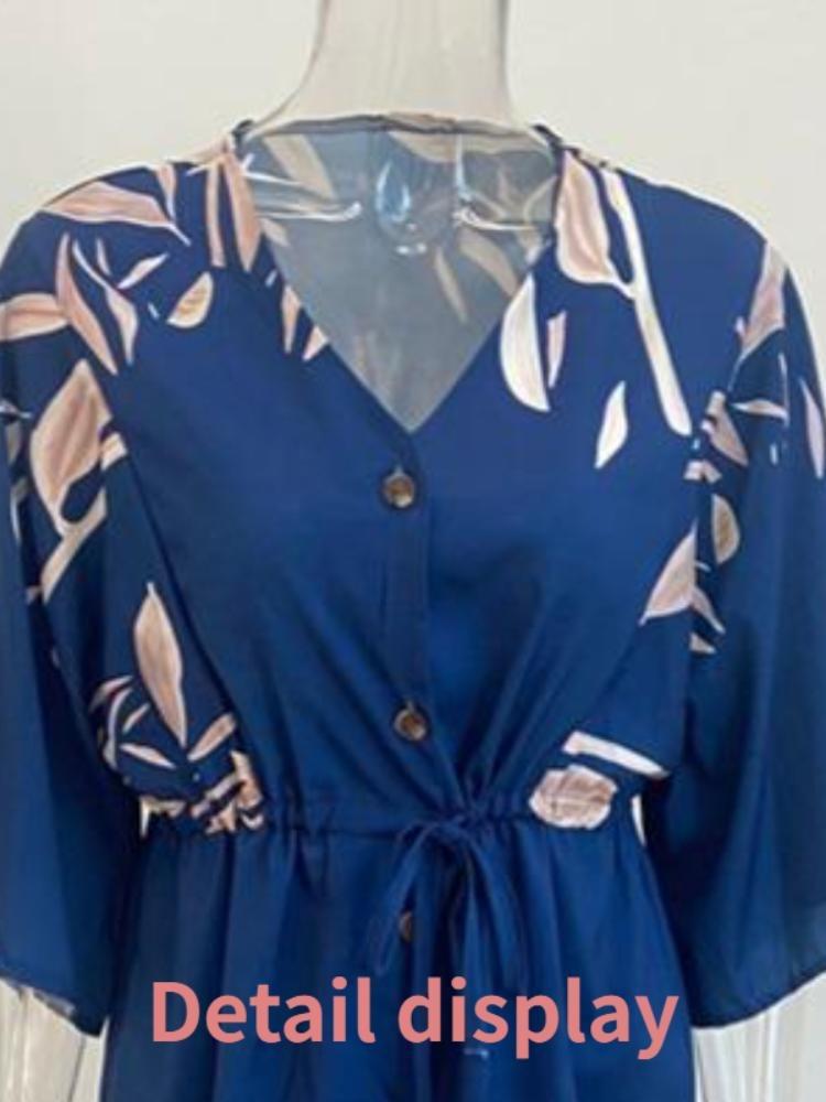 V Neck Women Print Mini Dress Beach Loose Batwing Sleeve Button Lace Up Party Summer Dress