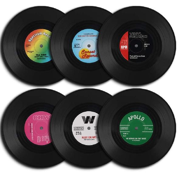 homEdge Vinyl Record Coasters, 6 Pieces of Retro Style Vinyl Coasters