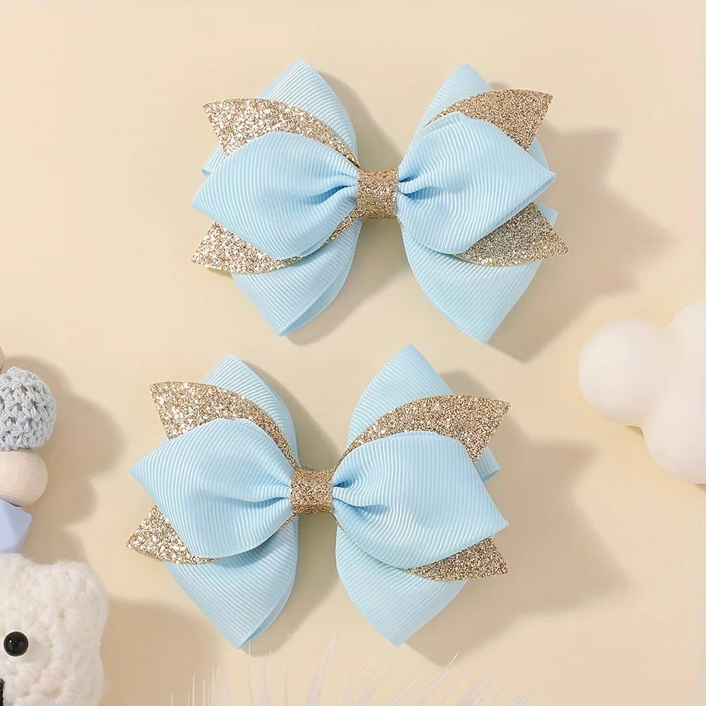 2Pcs Double Layer Glitter Bow Hair Clips for Girls Cute Grosgrain Ribbon Hair Accessories Children's Hairpins Bowknot Headwear