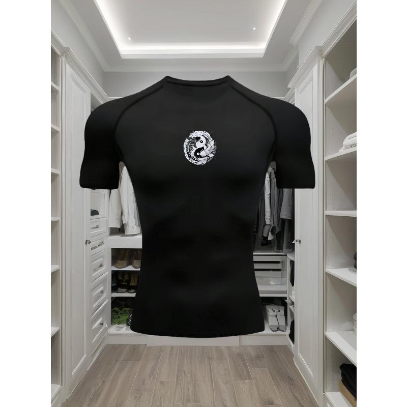 Mens White Compression Short Sleeve T-Shirt Black And White Yin Yang Graphic Quick Dry Breathable High Elasticity Gym And Running Athletic Top