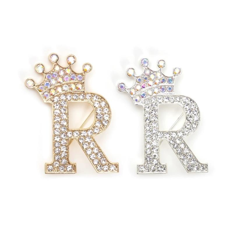 Fashion Crown 26 Initial Letters A To Z Rhinestone Brooches For Women Coat Dress Lapel Collar Pin Jewelry Accessries