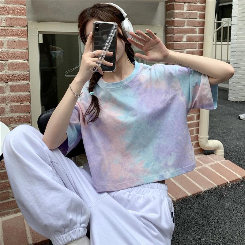 

Tie-dye short-sleeved t-shirt for women s summer new design sense exposed navel short hot girl student on clothes ins tide 2XL фіолетовий