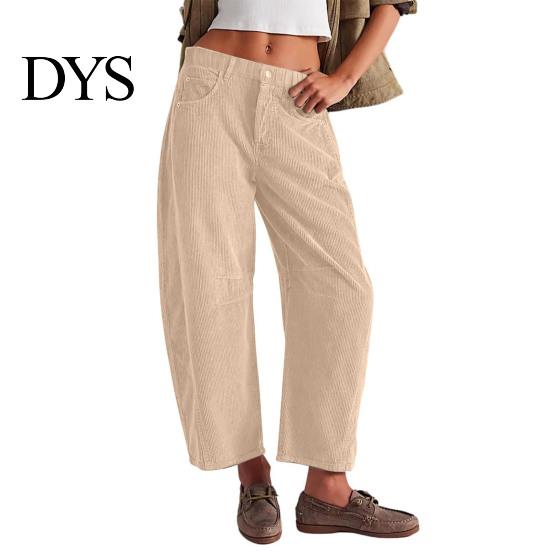 Pantaloni a coste a vita media a gamba larga da donna Vita elasticizzata Chiusura con bottone e zip Gamba larga Pantaloni casual con tasche Colore unito Pantaloni a barile