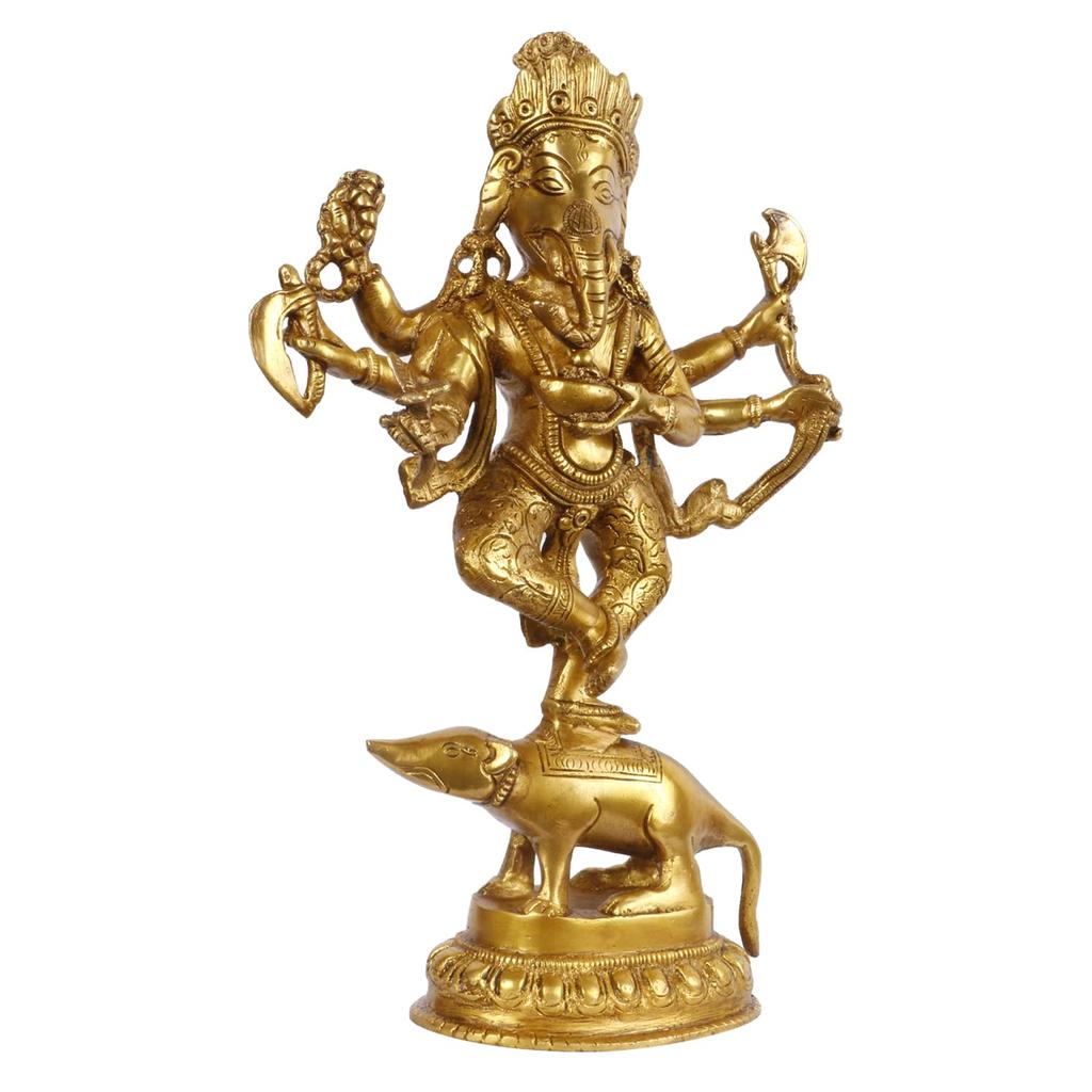 Lord Ganesha On Mooshak Idol, Gold Finish, Decorative Showpiece - 12 Inch
