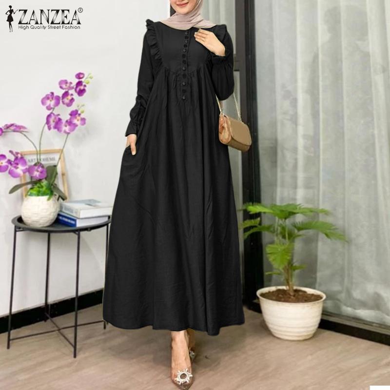 ZANZEA Women Casual Round Neck Solid Color Loose Long Sleeve Dress