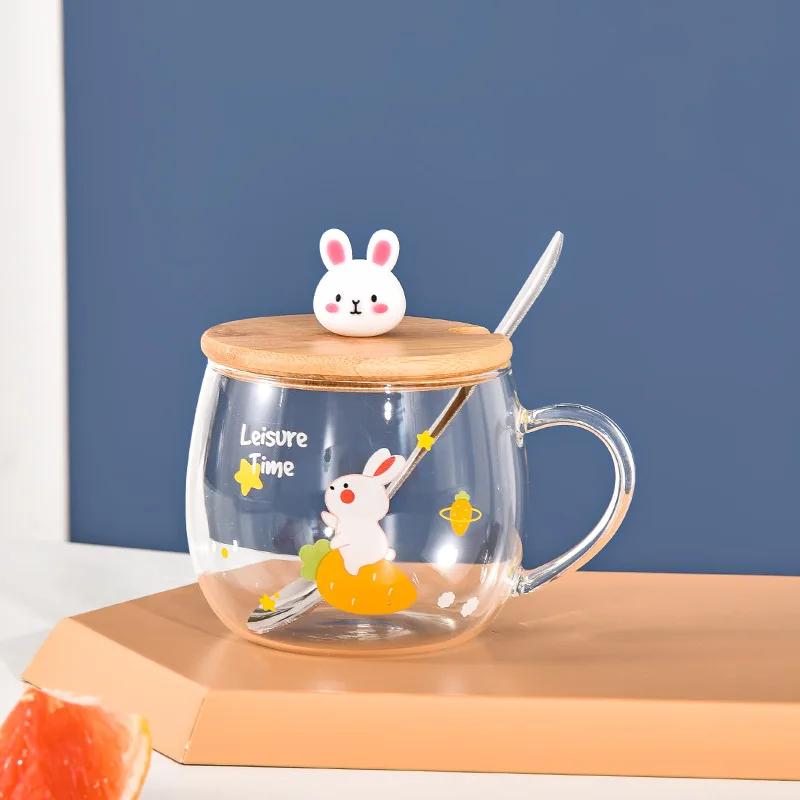 Cartoon Cute Mug High Borosilicate Glass Cups Creative Big Belly Mug with Cover High Temperature Resistant Transparent Water Cup