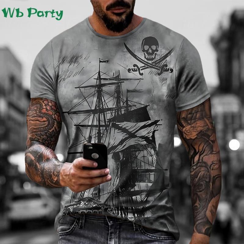 Pattern Print Mens Clothing T Shirt for Men Short Sleeve Tee Gym Clothing Men Male T-shirt Pirate Ship Print Clothes