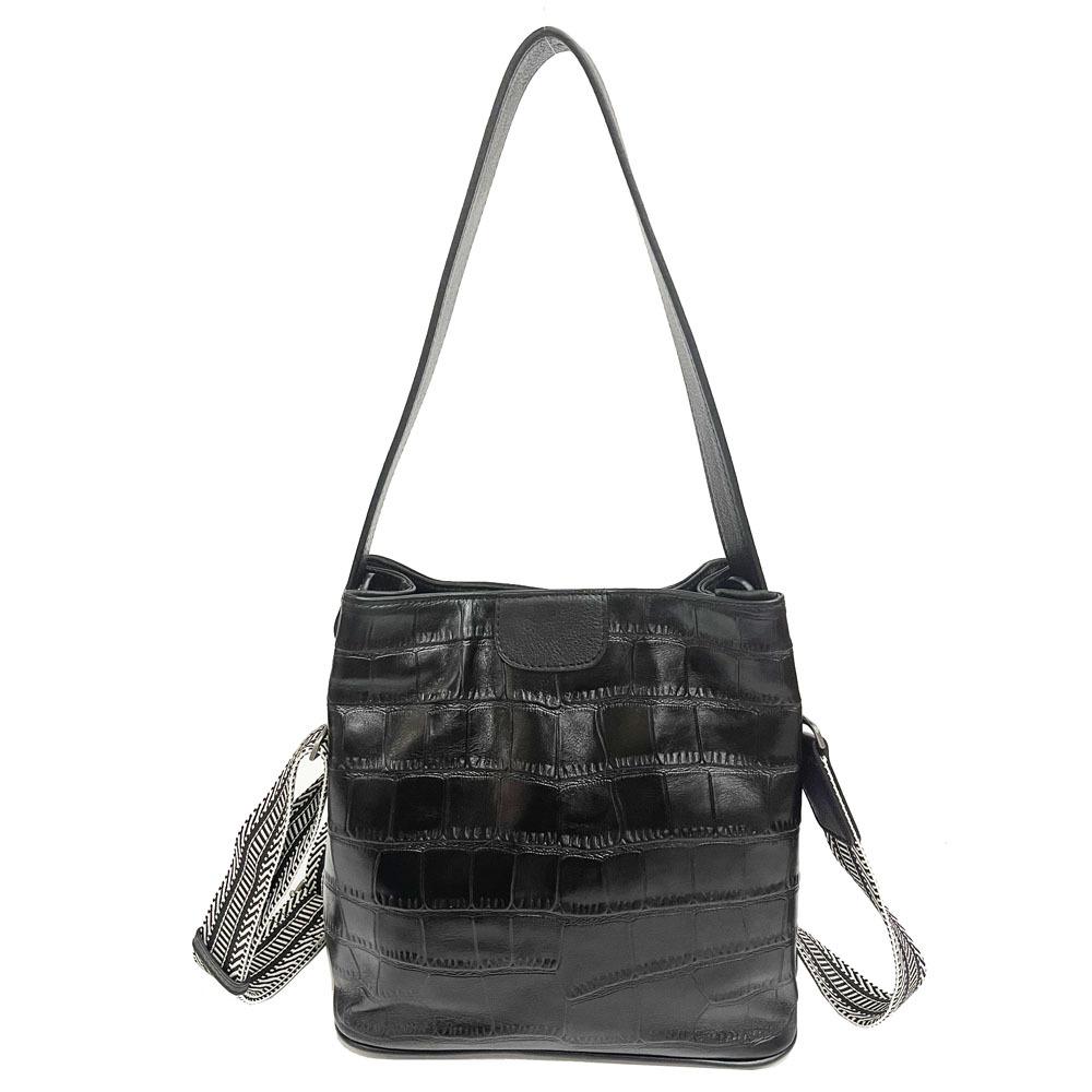 Niche Design Fashionable Black Crocodile Pattern Cowhide Bucket Bag Versatile Leather Shoulder Messenger Bag