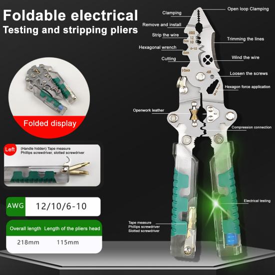 Foldable Wire Stripper Cable Cutter with Voltage Detector Ergonomic Design Electrical Pliers Multifunctional Wire Stripping Pliers