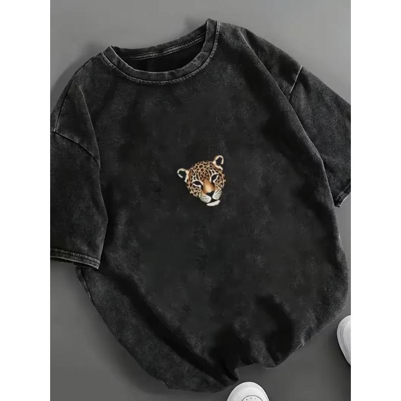 Vintage Washed Leopard Graphic T-Shirt Retro Animal Print Crew Neck Casual Tee