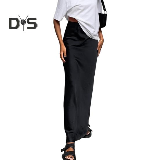 

Женская атласная юбка с высокой талией, длинная юбка миди, узкая юбка-трапеция с запахом и бедрами из искусственного шелка для уличной моды на весну и лето S чёрный