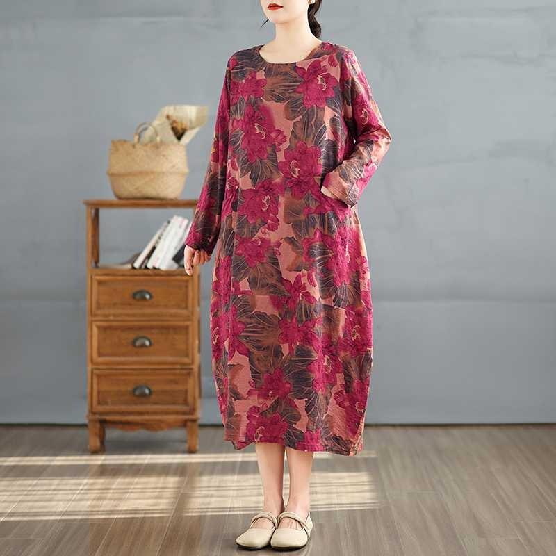 Round Neck Long Sleeve Loose Plus Size Long Dresses