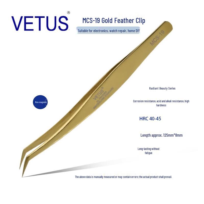 VETUS MCS-19 Золотой пинцет для ресниц: Нержавеющая сталь, устойчивая к кислотам, щелочам и коррозии, немагнитная. золотой