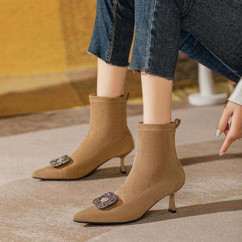 Pointed Thin Heel Short Boots Autumn and Winter New Fashion Rhinestone Buckle Sleeve High Heel Thin Boots Medium Tube Women's Boots