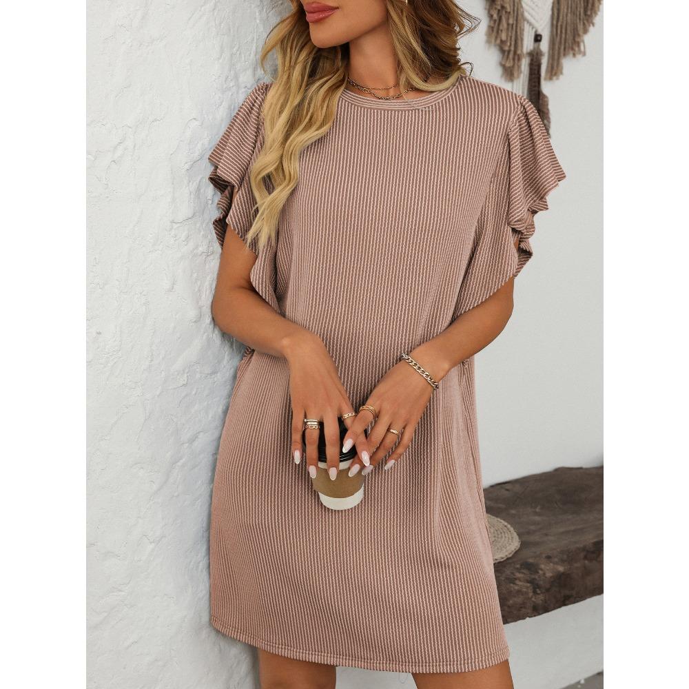 Summer New Women's Clothing Contrasting Color Twisted Strip Lotus Leaf Sleeve Mid Length Dress