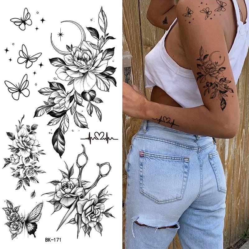 Tattoo Sticker, Plain Flower English, Letter Flower Butterfly Line Transfer Sticker Tattoo