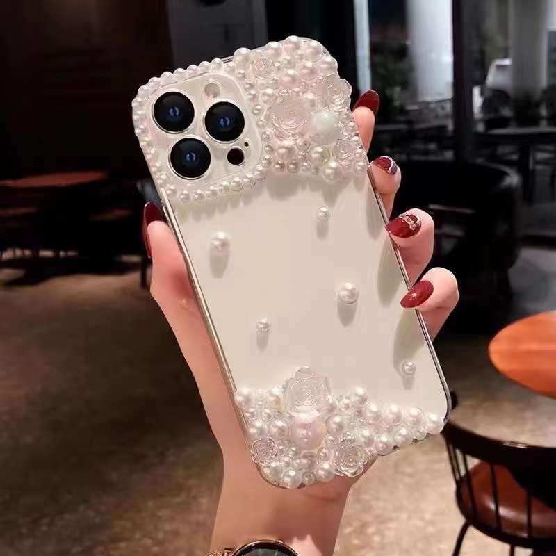 Luxury Fashion Pearl Flower Transparent Phone Case For iPhone 15 14 13 12 11 Pro Max X XS XR XS Max Acrylic Shockproof Cover