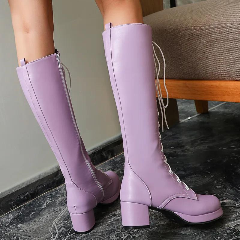 Fashion Women'S High Knee Boots Winter Shoes Lovely Sweet Lace Up Purple Pink White Lolita Shoes Girls Long Boot Large Size 48