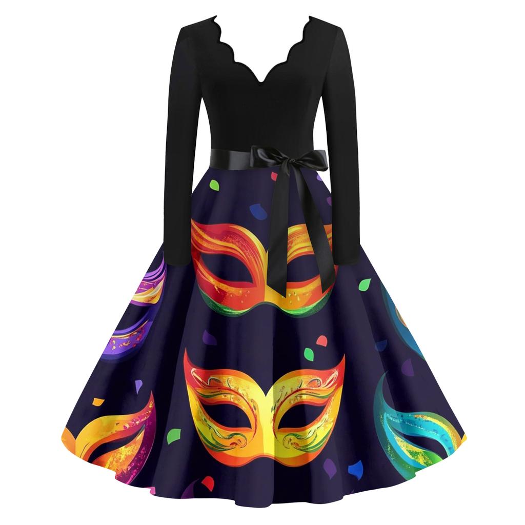 Women's Casual Fashion V Neck Long Sleeve Printed Vintage Long Dress