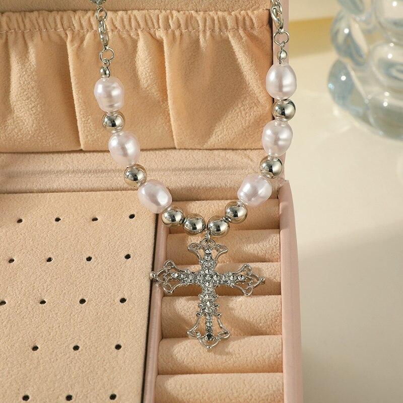 1pcs Faux White Gold-color Necklace Hip Hop Punk Cross Pendant Handmade Wear Faux Pearls Colla