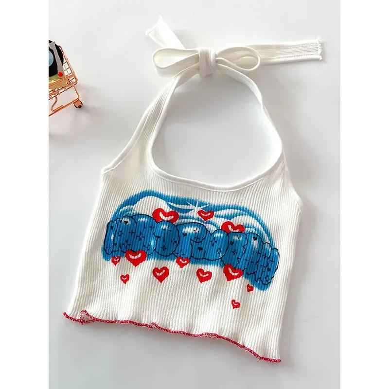 

Женские топы Y2K с бретельками через шею, милые топы с сердечками и буквами, милые сексуальные топы на завязках Y2K для женщин, лето 2024 XL синий