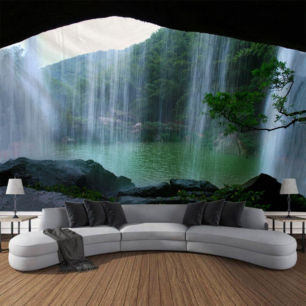 Forest waterfall tapestry, jungle wall hanging, aesthetic room decoration, Bohemian hippie living room, bedroom wall decoration