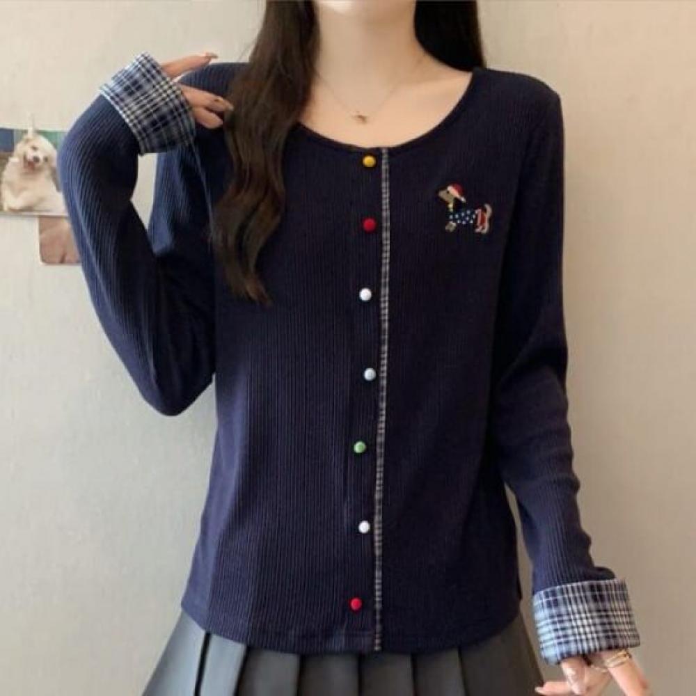 Navava Women S Ribbed Dog Embroidery Point Long Sleeve Knit Cardigan Nk3206
