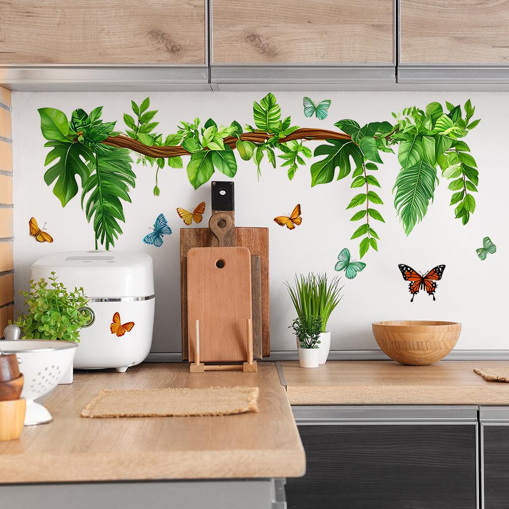 Hand-Painted Greenery and Butterfly Wall Sticker Nature-Inspired Elegant Self-Adhesive Removable Decor for Bedroom Living Room