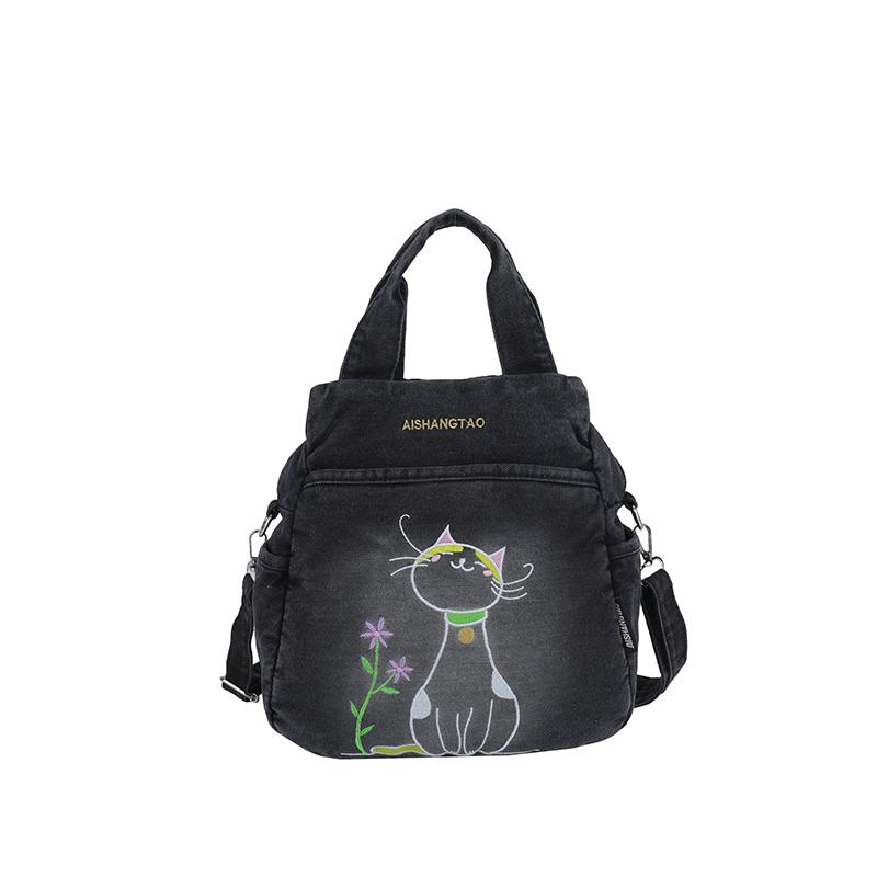 Embroidered Denim Bag Women's Shoulder Bag Cartoon Printed Crossbody Bag