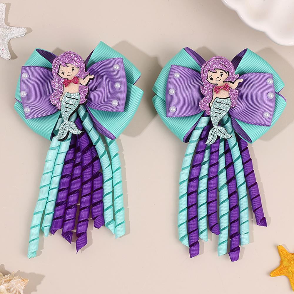 2Pcs Girls Mermaid Bow Hair Clips Cute Cartoon Mermaid Pearls Hairpins Octopus Curled Grosgrain Ribbon Barrette Hair Accessories