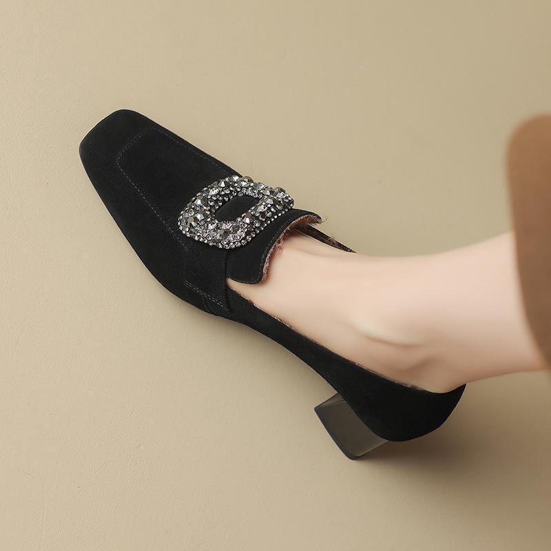 Women's Brown & Black Plush Lined Loafers: Velvet, Square Toe, Chunky Mid-Heel, Deep Mouth Design, Autumn/Winter.