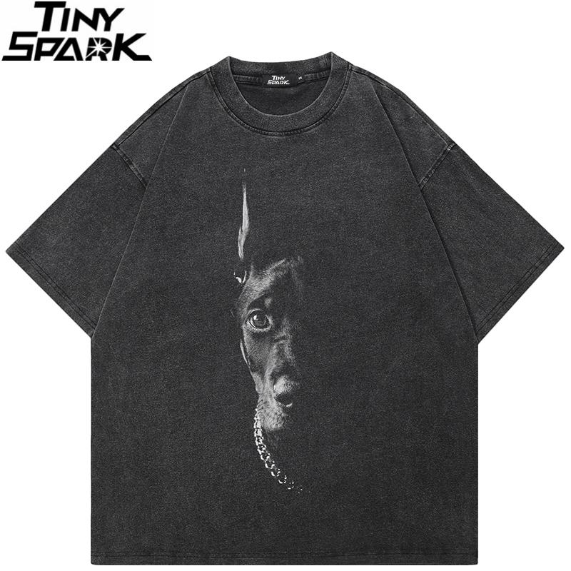 Men Hip Hop Streetwear Oversized T Shirt Doberman Dog Graphic TShirt Cotton Faded Black Tshirt Unisex Tops Tees Hipster