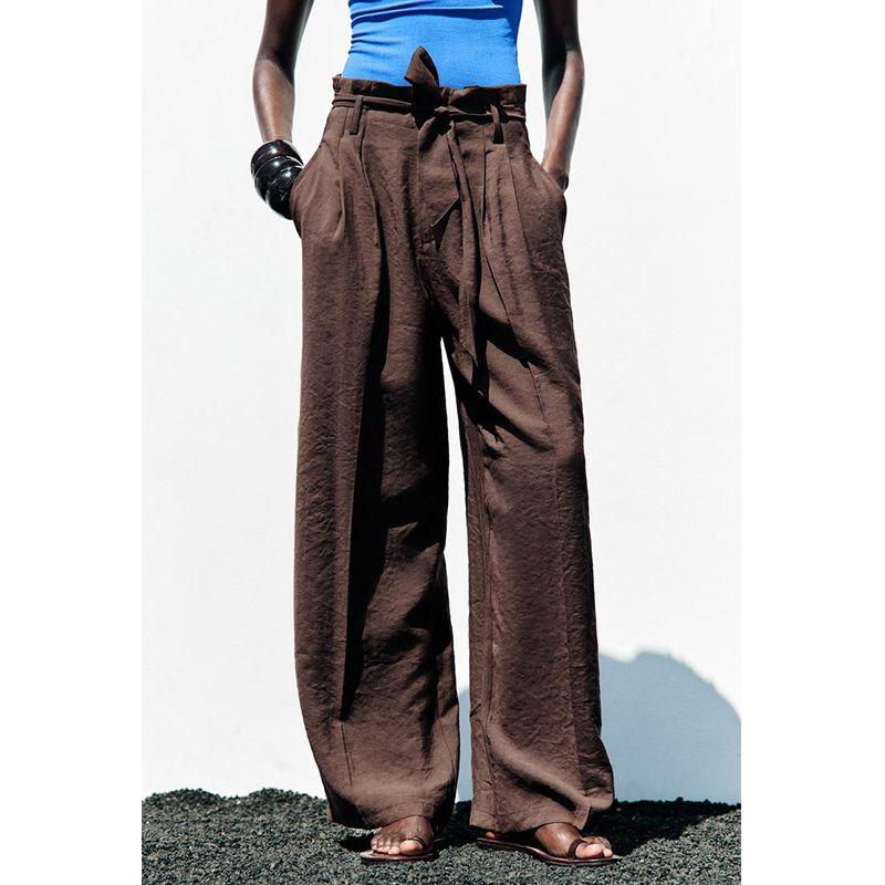 Summer New Product Women's Clothes French Pleated Design with Belt Classic High Waist Wide-Leg Casual Pants 7484073