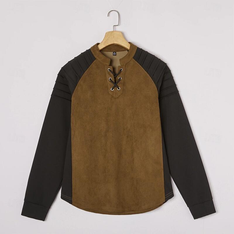 Mens Cowboy Style T-Shirt Vintage Western Design Suede Color Block Lace Up Stand Collar Long Sleeve Tees