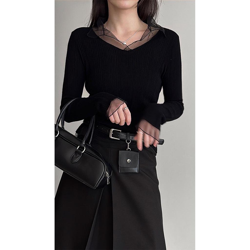 Lu Xi Women's V-neck Korean Style Mesh Patchwork Knit Top, Early Spring 2026 Collection