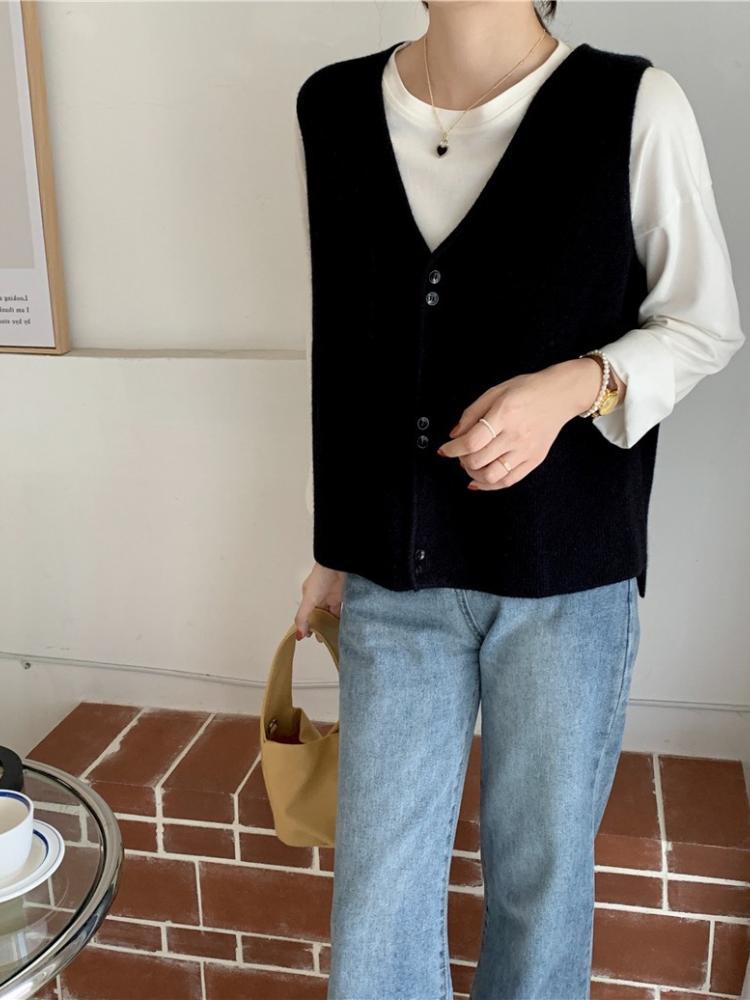 Korean Version Solid Pocket Knitted Vest Cardigan Women's Autumn Winter New Loose Fashion V-neck Sleeveless Sweater Vest