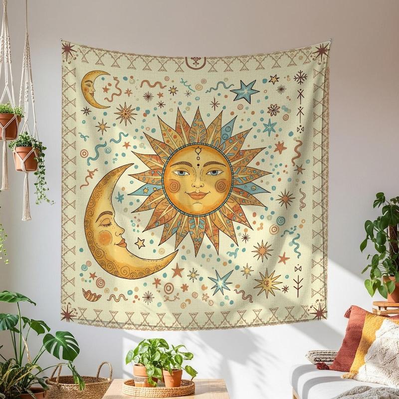 Boho tapestry sun and moon celestial 75x100 чёрный
