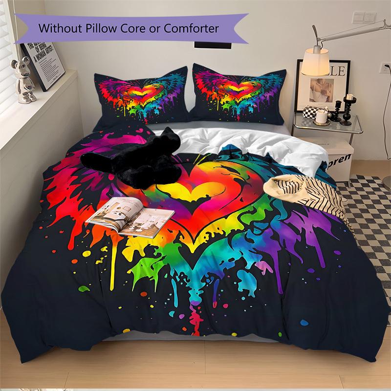 3pcs Heart Rainbow 1Cover + 2Pillowcases, PillowInserts NotIncluded, Machine Washable, All - Season Use, Suitable for Bedroom Guest Room79