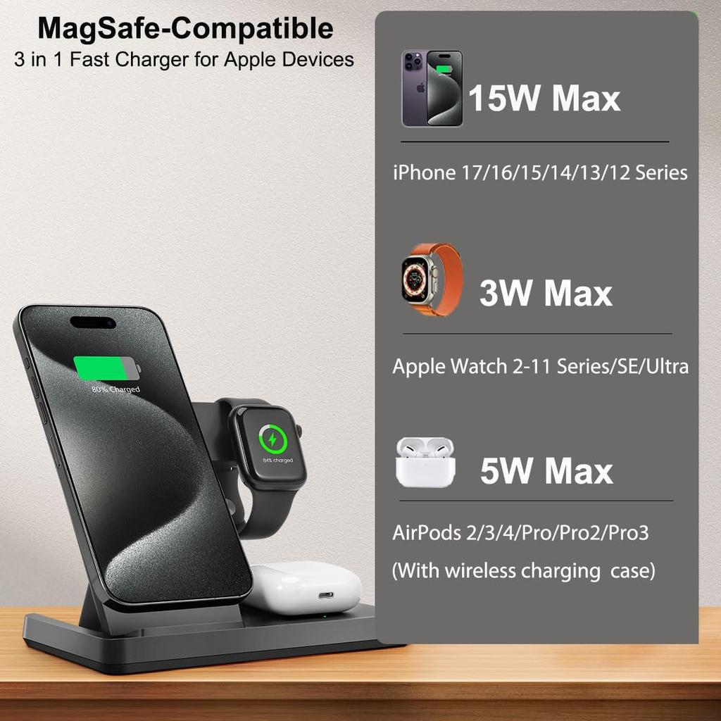 Magnetic 3 in 1 Wireless Charging Station for Magsafe iPhone 12-17 Series, Charging Station for Multiple Devices, Mag-Safe Wireless Charger Stand for